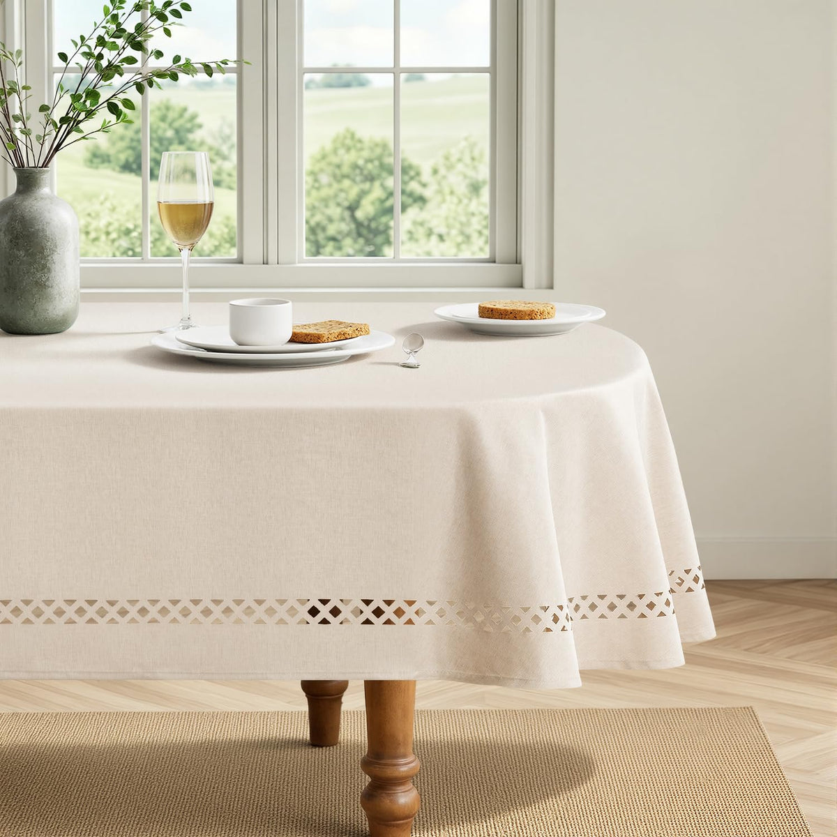 MIULEE Beige 60 Inch Round Linen Tablecloth with Decorative Cutouts