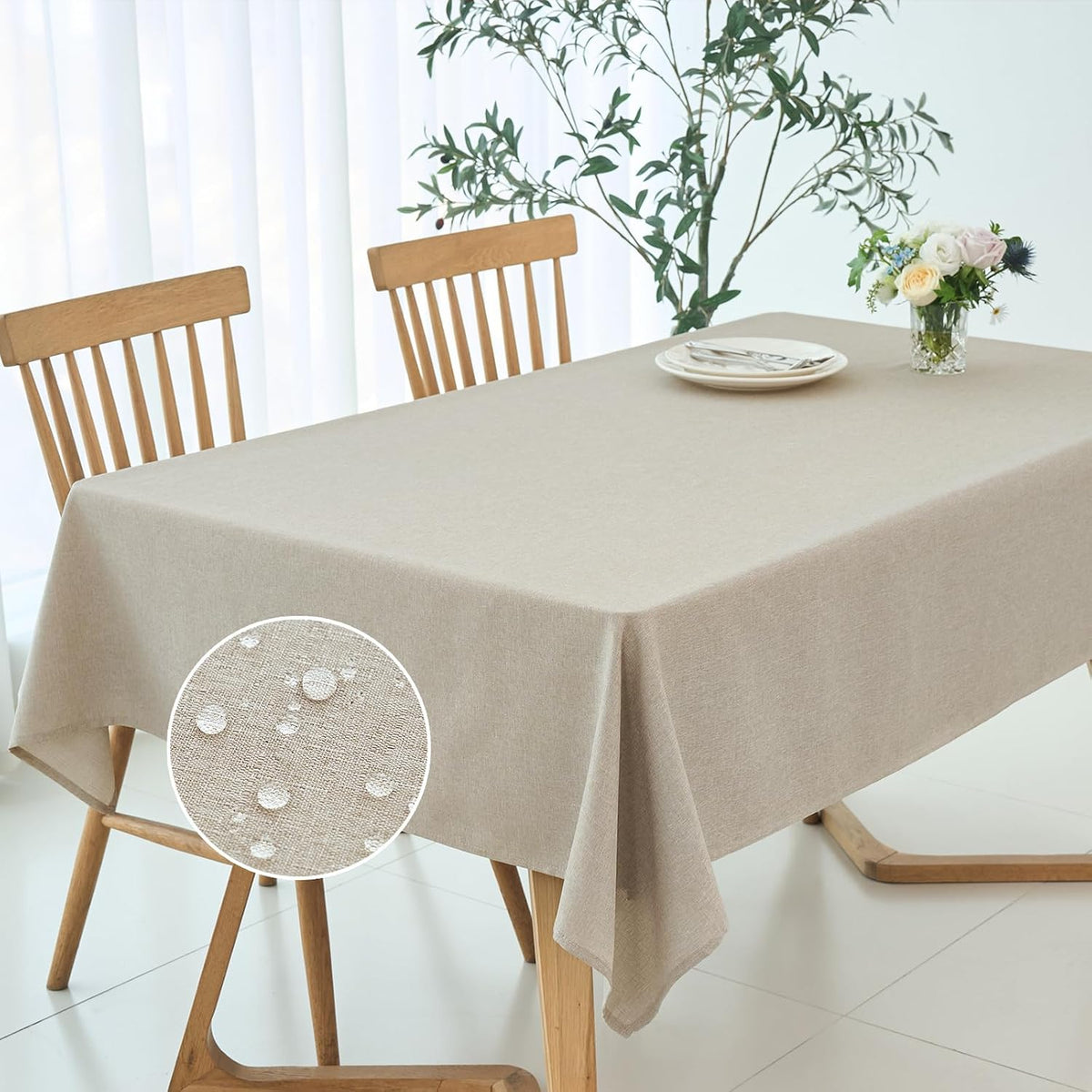 maxmill Rectangle Linen Textured Tablecloth Waterproof Spillproof Wrinkle Free Washable Fabric Table Cloth Kitchen Dining Tabletop Decoration Table Cover for Holiday Dinner Party, 52 x 70 Inch, Linen