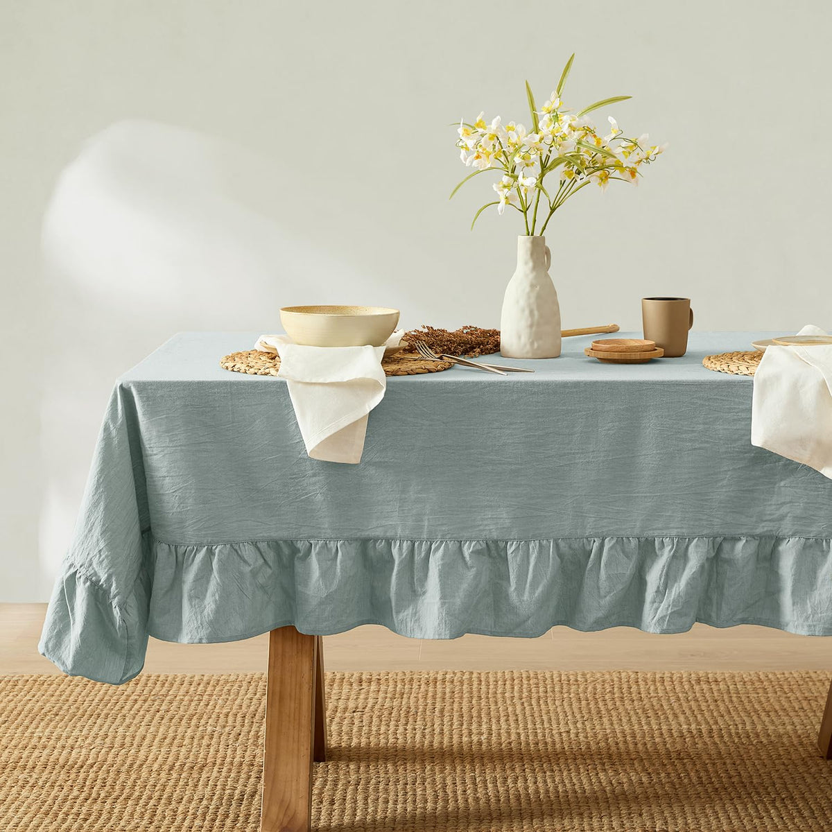 MONDAY MOOSE Ruffle Farmhouse Rustic Rectangle Natural Stonewashed Cotton Tablecloth for Kitchen, Dining Room, Restaurant (60x86 inch, Teal Green)