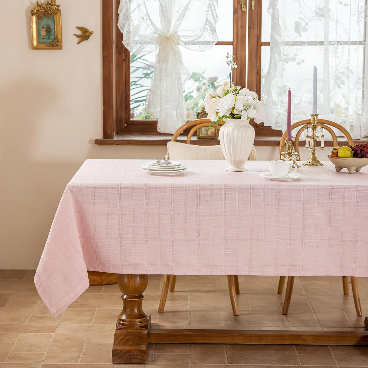 Laolitou Light Pink Embroidered Grid Tablecloth, Wrinkle Resistant, 52"x70"