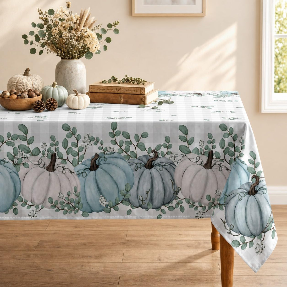 Horaldaily Fall Tablecloth 60x84 Inch Rectangular, Thanksgiving Autumn Harvest Blue Pumpkin Buffalo Plaid Table Cover for Party Picnic Dinner Decor