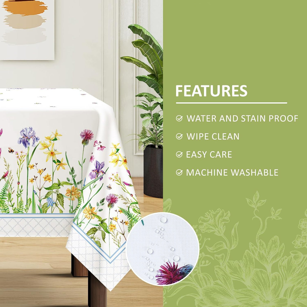 Wildflower Grass Tablecloth 60 x 84 Inch Rectangular, Floral Print