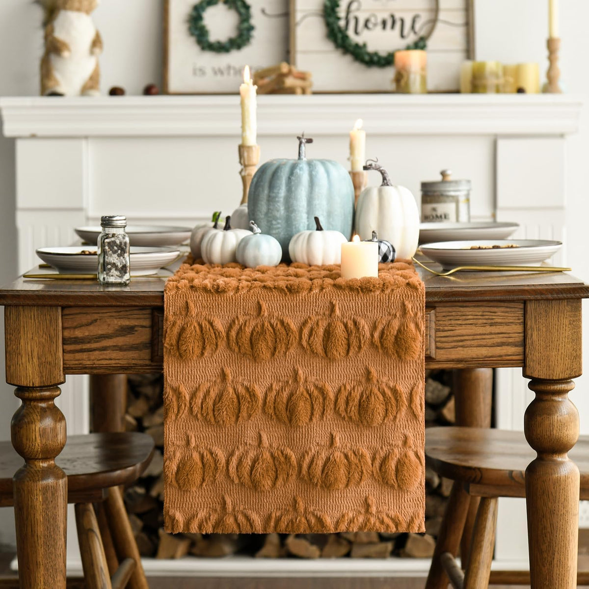 Artoid Mode Caramel Soft Faux Fur Pumpkins Fall Table Runner 13x90 Inch