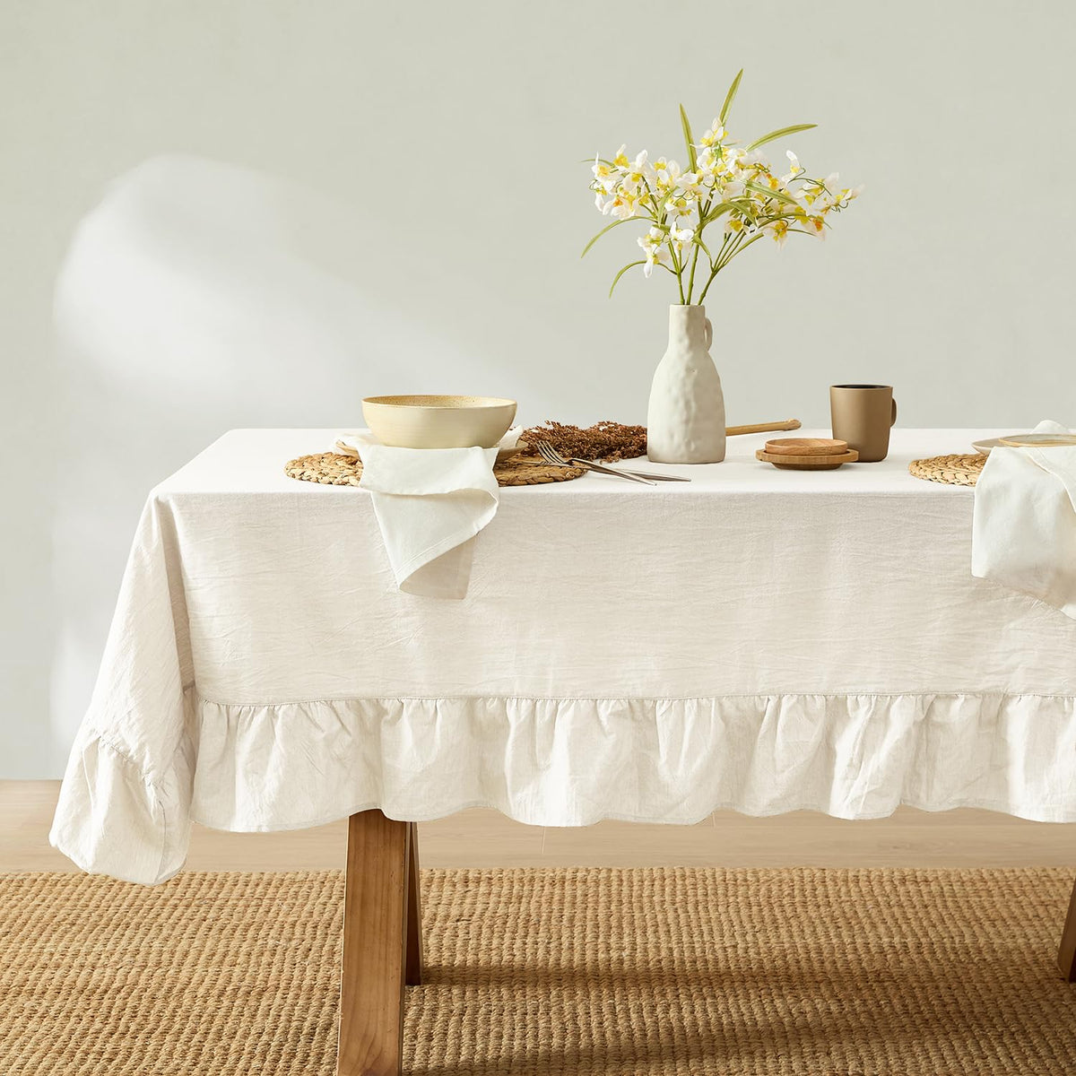 MONDAY MOOSE Ruffle Farmhouse Rustic Rectangle Natural Stonewashed Cotton Tablecloth for Kitchen, Dining Room, Restaurant (60x86 inch, Teal Green)