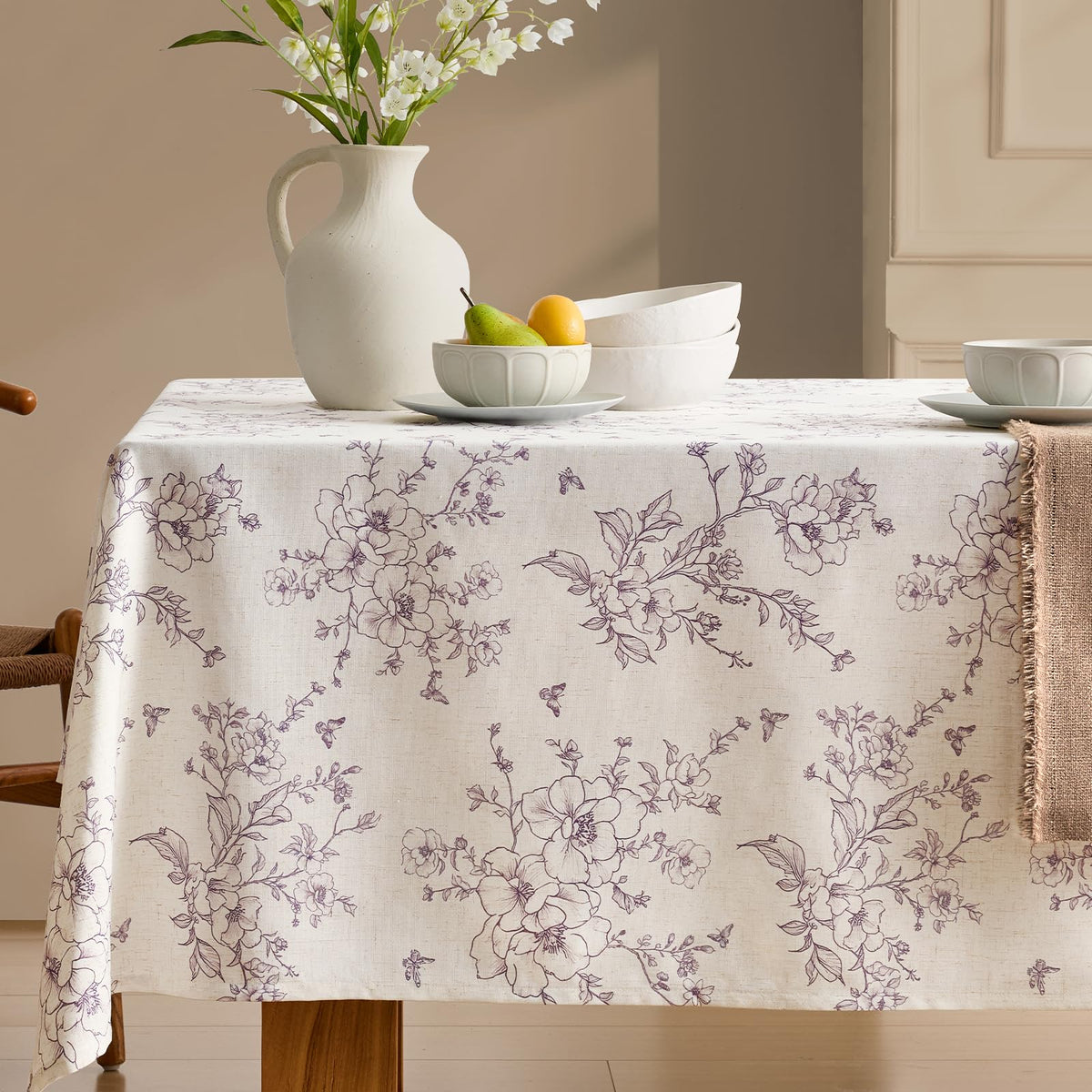 Green Floral Tablecloth Vintage French Rustic Linen Tablecloth Rectangular