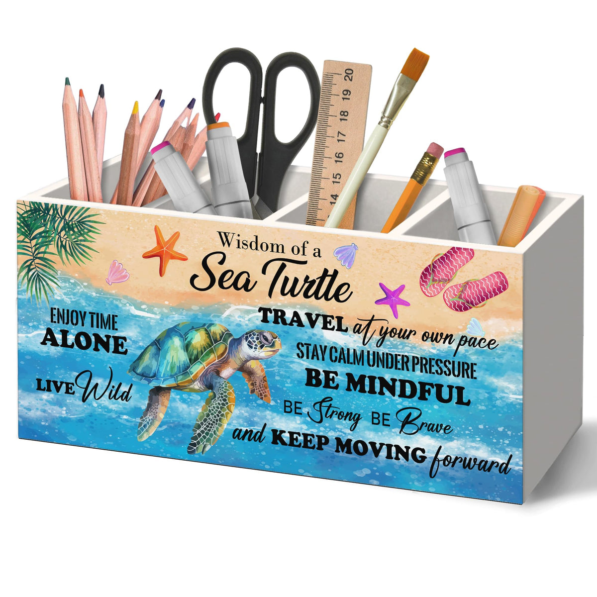 Coastal Beach Sea Turtle Pen Holder Organizer for Desk Accessories