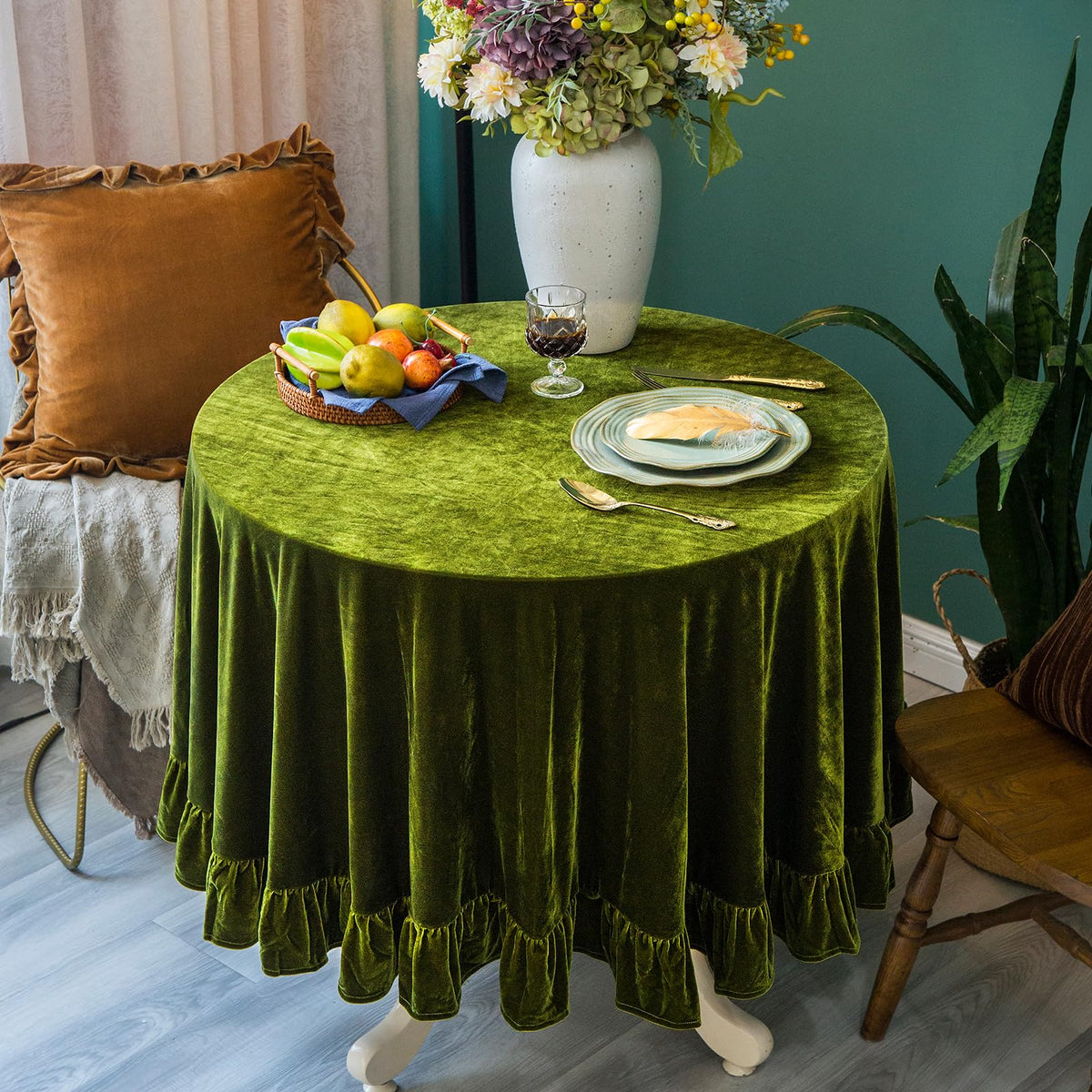 GLORY SEASON Velvet Tablecloth Luxurious Solid Rectangle Table Cloth,Oblong Retro Farmhouse Ruffle Tablecloths Washable Table Cover for Party Olive Green,52x70 Inches