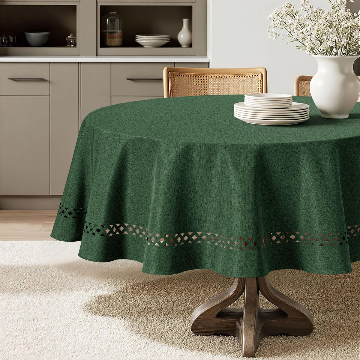 MIULEE Beige 60 Inch Round Linen Tablecloth with Decorative Cutouts