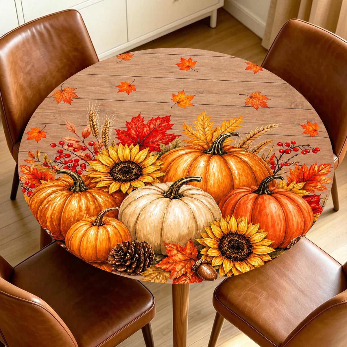 Fall Round Fitted Tablecloth with Elastic Edge Orange Blue White Thanksgiving Pumpkin Table Cover 40-44 Inch Autumn Leaf Washable Table Cloth for Kitchen Dining Room Party Decor