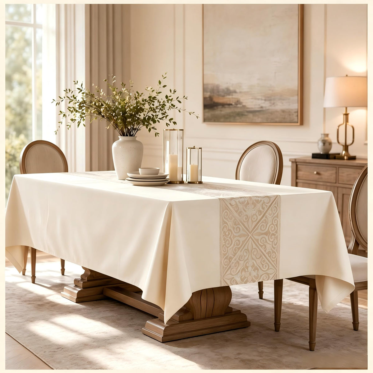 Nordic Beige Rectangular Tablecloth, Premium Drape