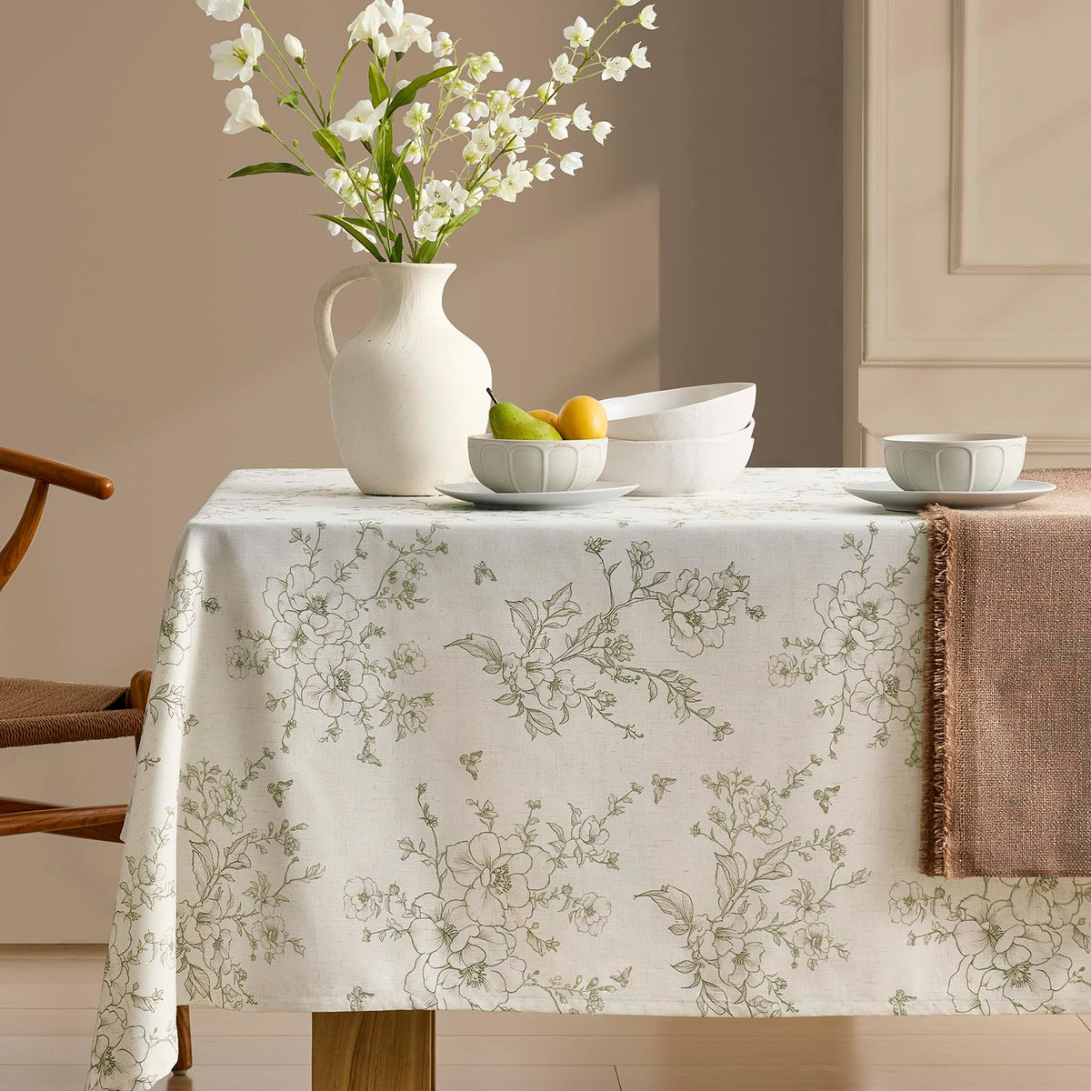 Green Floral Tablecloth Vintage French Rustic Linen Tablecloth Rectangular
