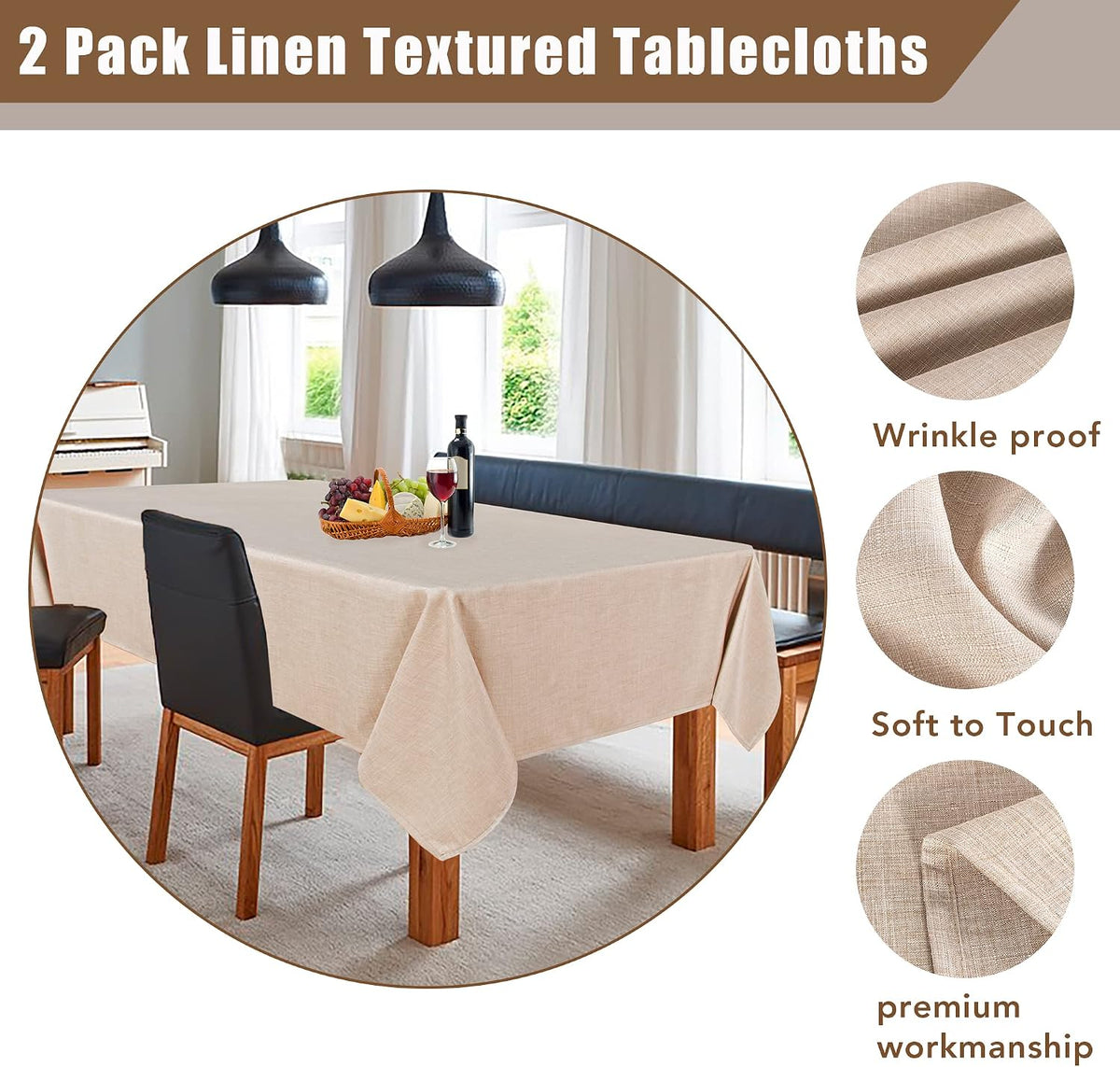 Fitable 2 Pack Beige Faux Linen Tablecloths Rectangle 60x102 Inch
