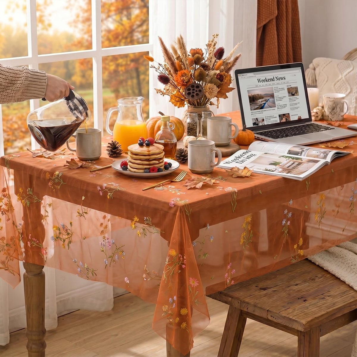 Horaldaily Embroidery Fall Caramel Tablecloth 60×84 Inch Rectangular