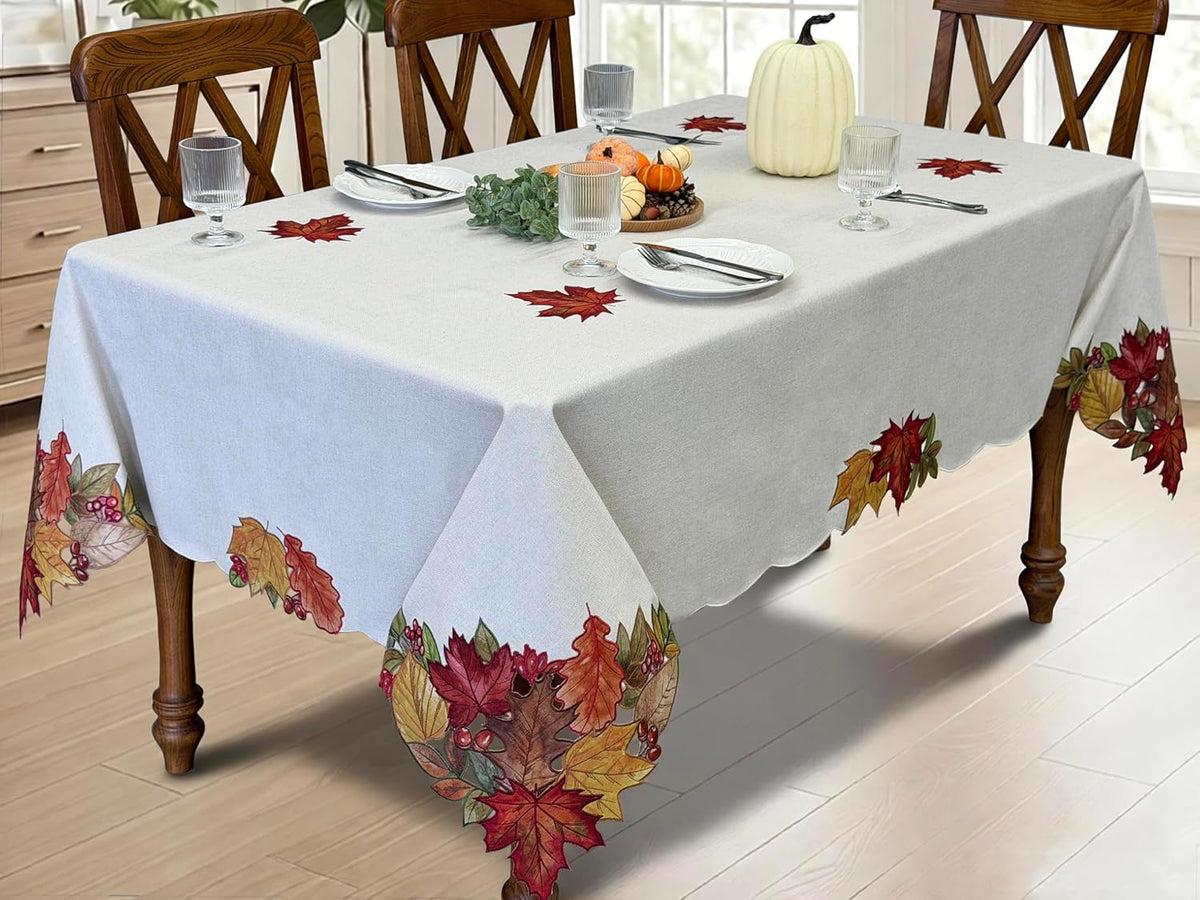 KEVA Fall Tablecloth 60x84 Inch, Autumn Maple Leaves Cutwork Embroidered Tablecloth, Harvest Thanksgiving Decor for Kitchen Dining Table