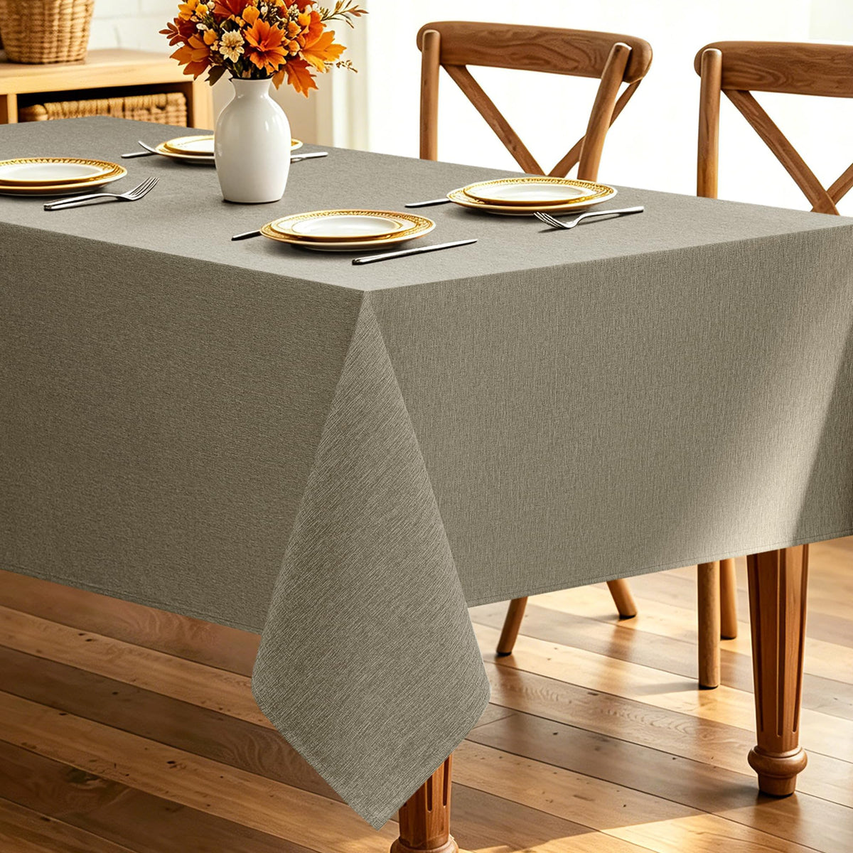 Decorelia Waterproof Round Tablecloth for Round Dining Table, Decorative Rustic Soft Wipeable Table Cloths Cover Indoor Outdoor Use for Holiday,Wedding, Kitchen (70 Inch,Round (4-6 Seats),Beige)