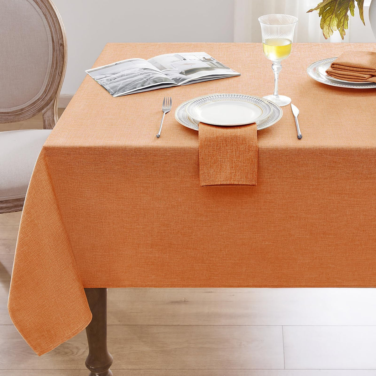 Softalker Faux Linen Round Fall Tablecloth 70 Inch, Autumn Table Cloth with Pumpkin & Maple Leaves, Orange Circle Table Cover Water Resistant for Outdoor, Thanksgiving, Kitchen-Harvest Themed