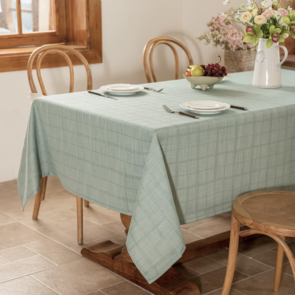 Laolitou Light Pink Embroidered Grid Tablecloth, Wrinkle Resistant, 52"x70"