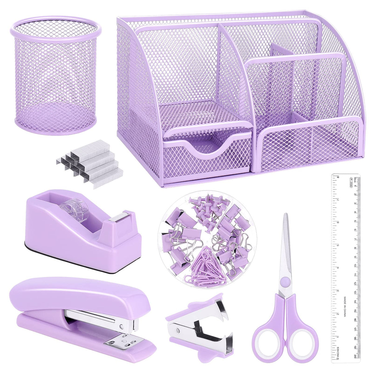 11 In 1 Blue Desk Organizer And Accessories, Light Blue Office Supplies Include Stapler, Tape Dispenser, Pen Holder, Staple Remover, Clips, Ruler, Scissors, Tapes, Tabs