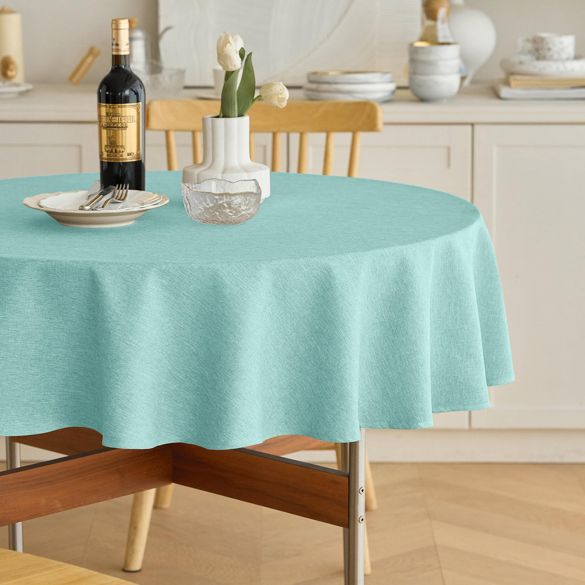 Decorelia Waterproof Round Tablecloth for Round Dining Table, Decorative Rustic Soft Wipeable Table Cloths Cover Indoor Outdoor Use for Holiday,Wedding, Kitchen (70 Inch,Round (4-6 Seats),Beige)