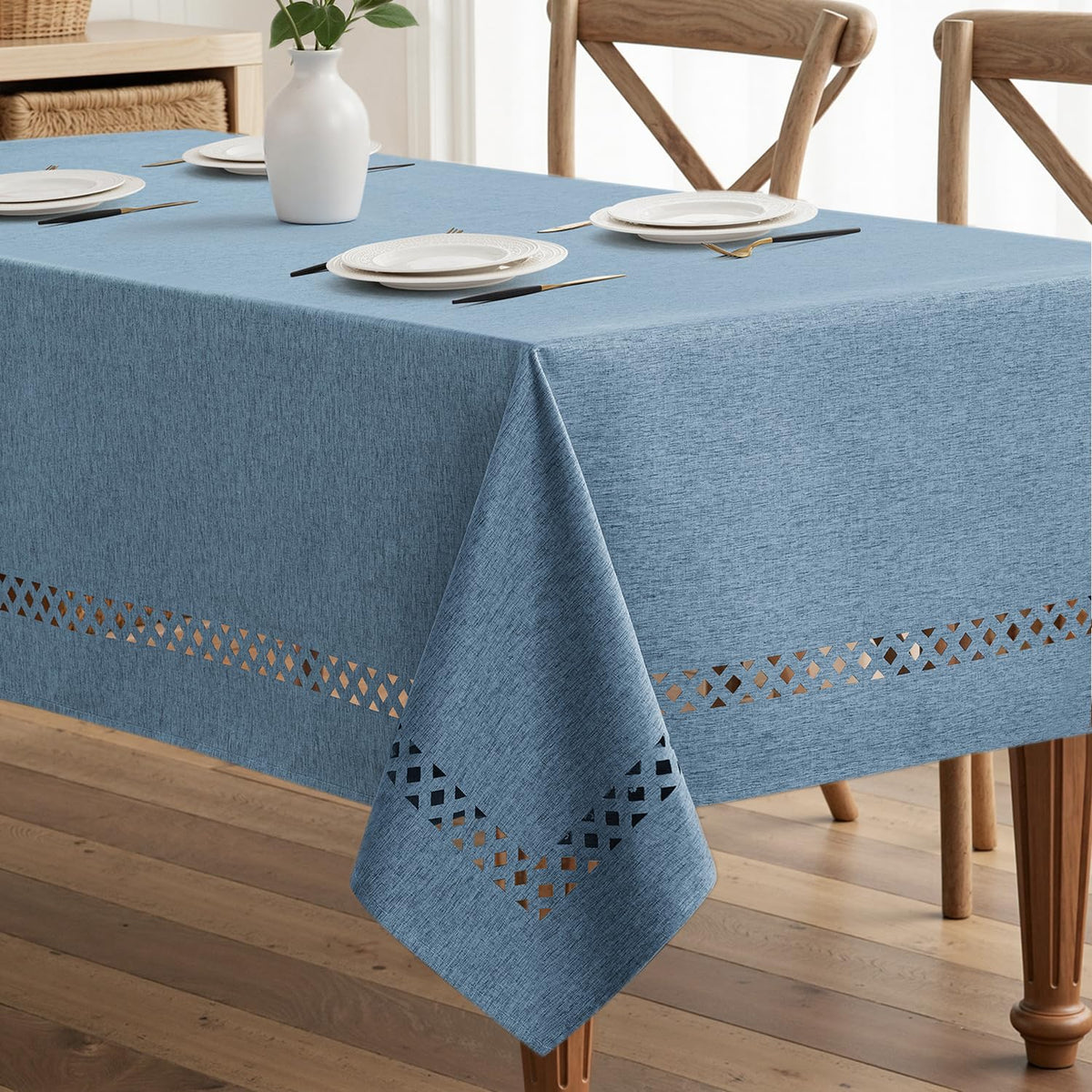 MIULEE Beige 60 Inch Round Linen Tablecloth with Decorative Cutouts