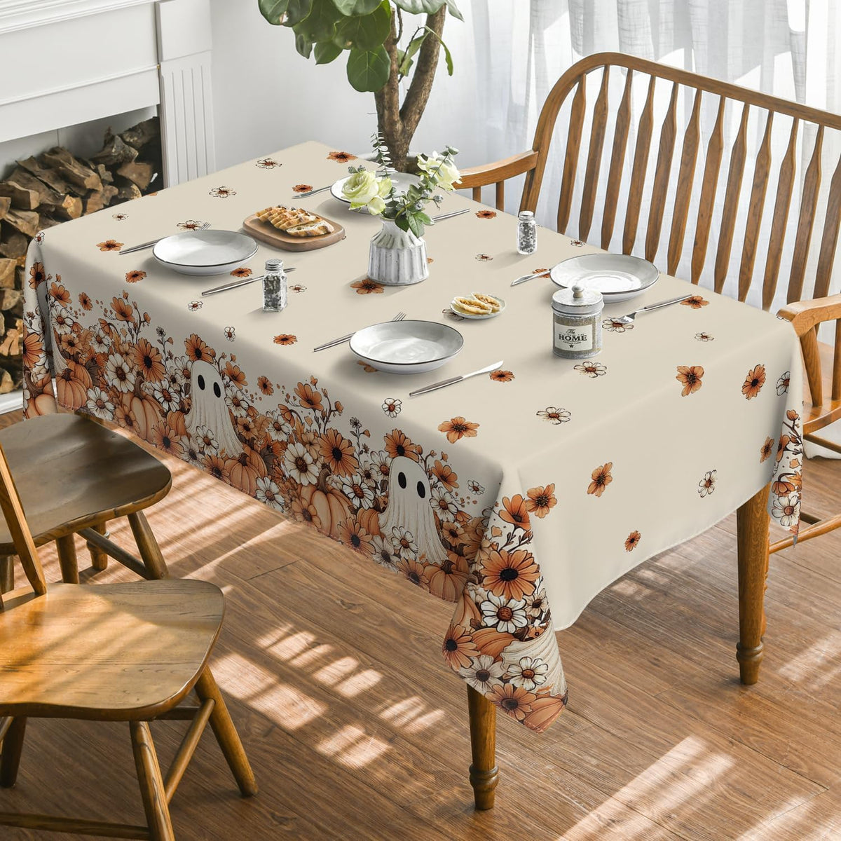 Horaldaily Halloween Tablecloth 60 x 84 Inch Rectangular Ghost Flower