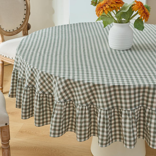 Sage Green Gingham Tablecloth, 100% Washed Cotton, Classic Vintage Decorative Table Cover, Buffalo Plaid Checkered Ruffled Table Cloth for Kitchen Dining Room Party (Round, 70 in)