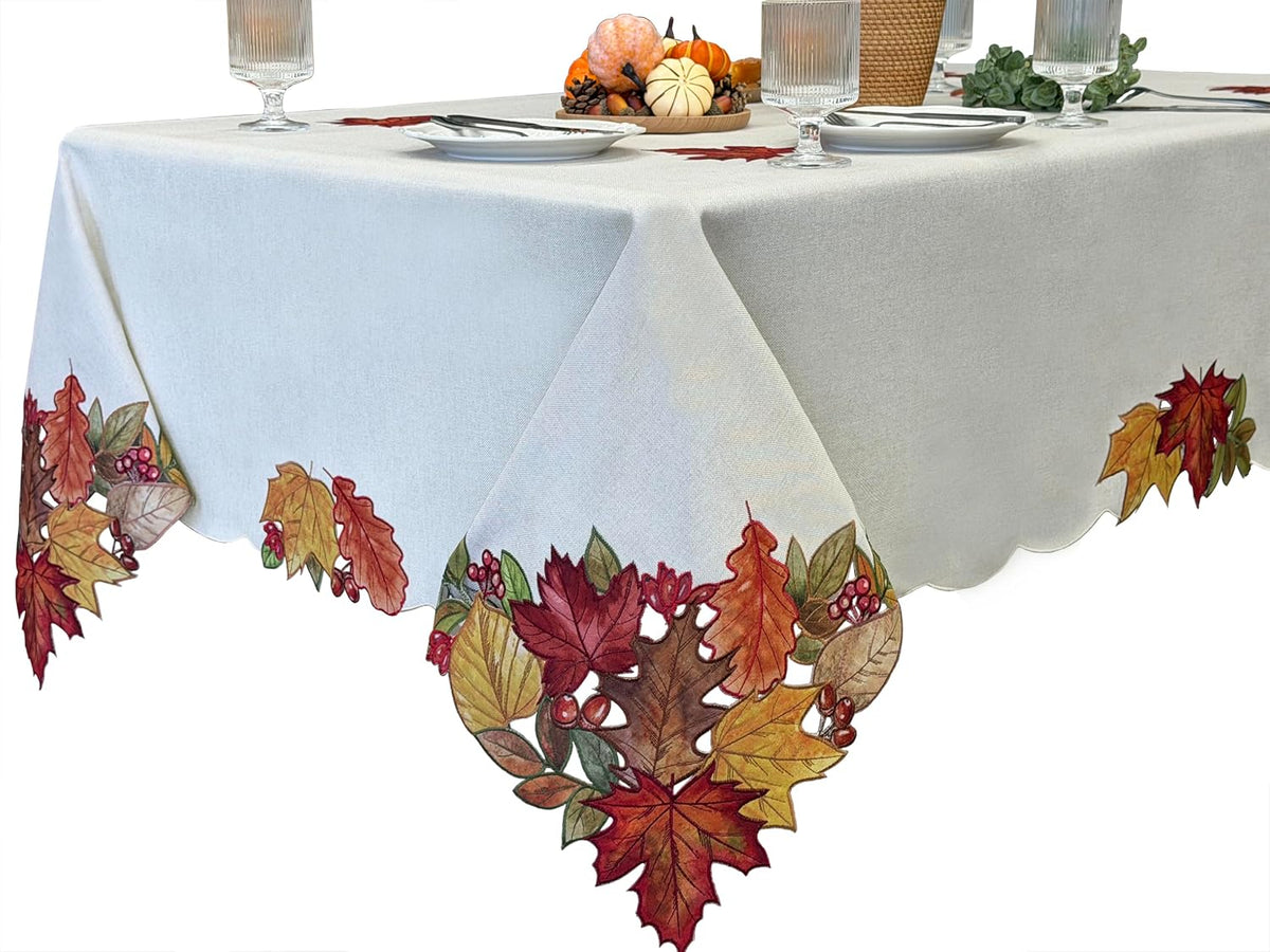 KEVA Fall Tablecloth 60x84 Inch, Autumn Maple Leaves Cutwork Embroidered Tablecloth, Harvest Thanksgiving Decor for Kitchen Dining Table