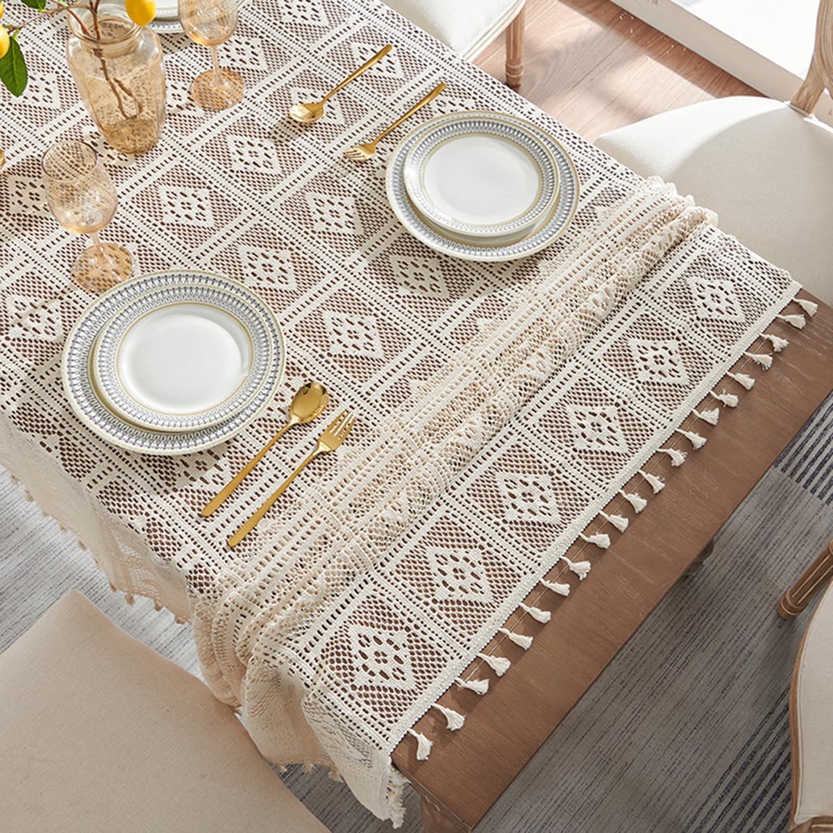 Bohemian Cotton Linen Tablecloth, Beige, 60"x70"