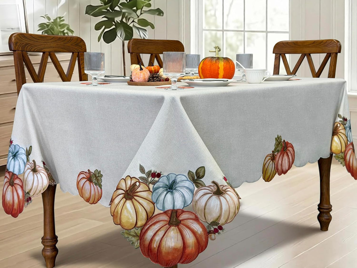 KEVA Fall Tablecloth 60x84 Inch, Autumn Pumpkin Cutwork Embroidered Tablecloth, Harvest Thanksgiving Table Decor for Kitchen Dining Table