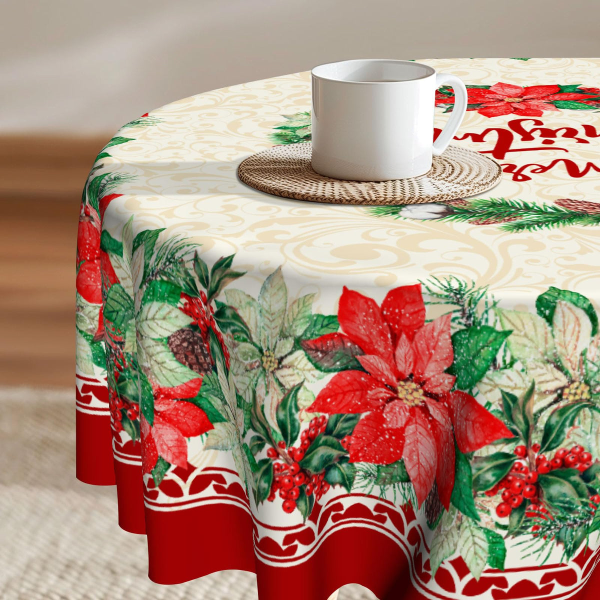 Imiss Floral Round Tablecloth Durable Washable Table Cover Bohemian Blue Red Floral Branches Decorative Farmhouse Table Cloth 60 Inch for Kitchen Dining Party Camping