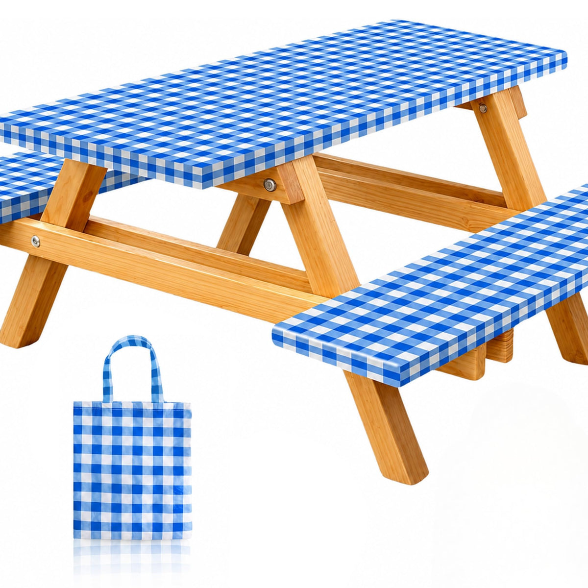 RNOONY Vinyl Fitted Picnic Table Cover with Bench Covers & Bag, 6 FT Outdoor Waterproof & Windproof Durable Tablecloth with Elastic Edges, Camping Essentials, RV Gear, 72x30 Inches - Black Checkered