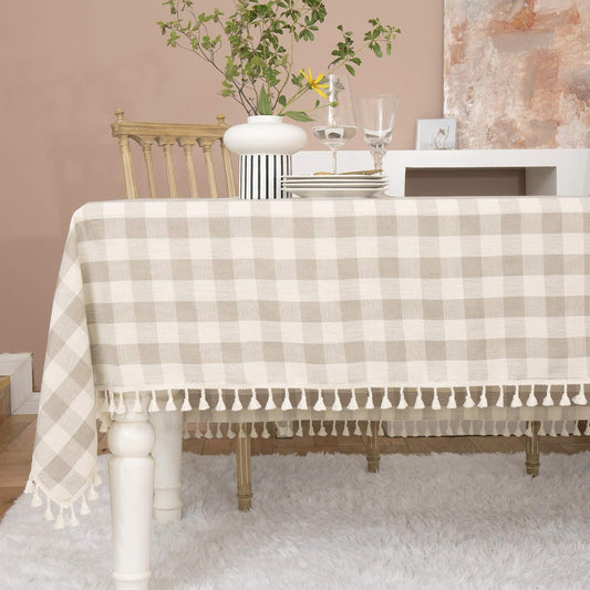 Midsummer Breeze Farmhouse Gray Khaki Gingham Tablecloth Rectangle 55”x70”