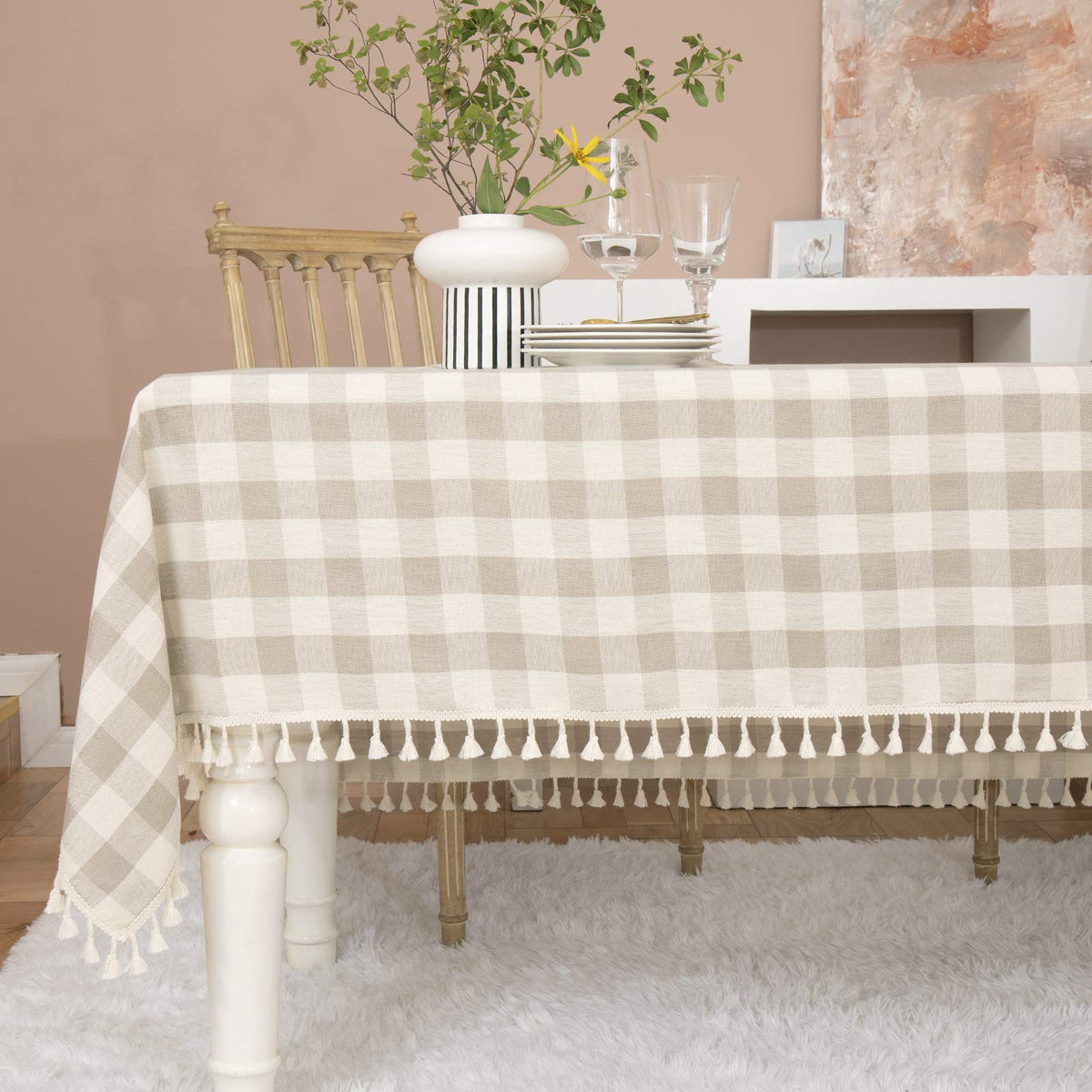Midsummer Breeze Farmhouse Gray Khaki Gingham Tablecloth Rectangle 55”x70”