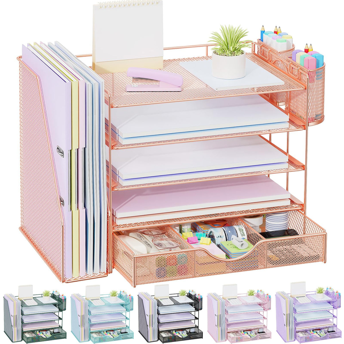 gianotter Desk Organizers and Accessories with File Holder, 4-Tier Desk Accessories & Workspace Organizers with Drawer and 2 Pen Holder, Paper Organizer for Office Supplies(Gold)