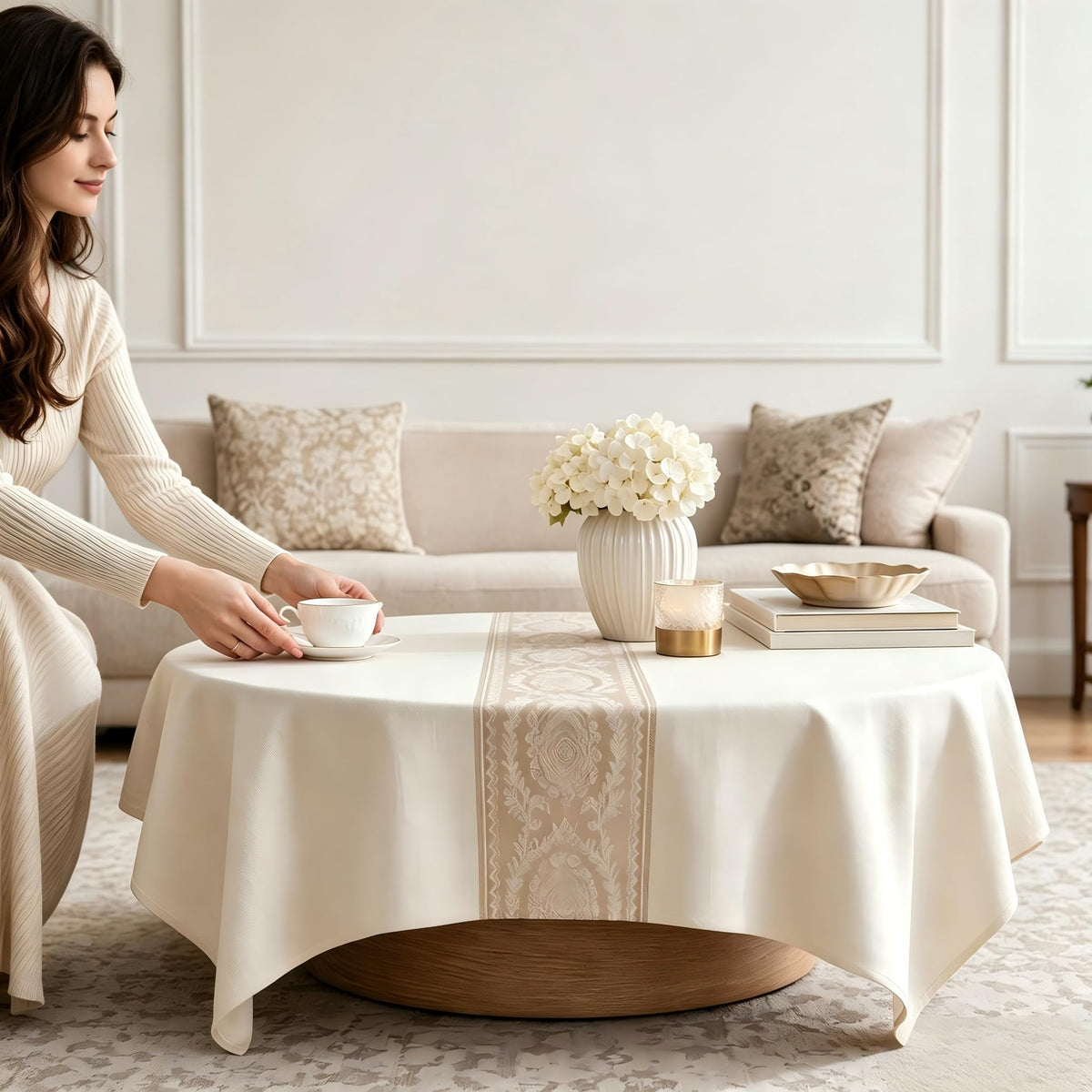 Nordic Beige Rectangular Tablecloth, Premium Drape