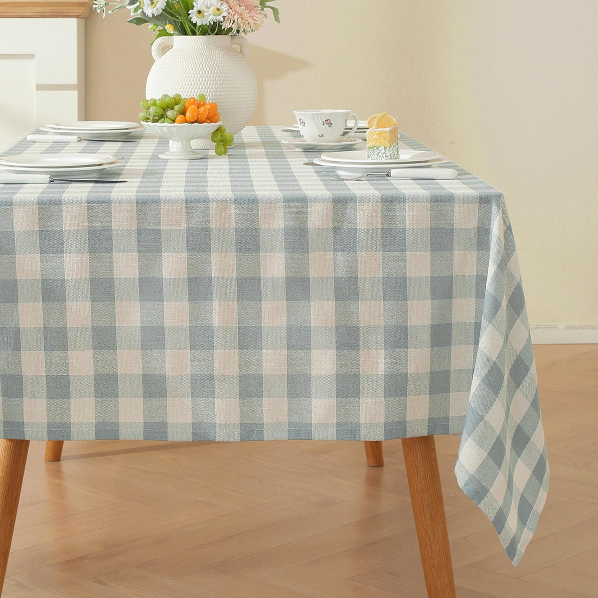 Alsoo Checkered Tablecloth Rectangle Washable Buffalo Plaid Table Cloth Cotton Linen Gingham Table Cover for Picnic Kitchen Dining Room, Beige and White, 60 * 75