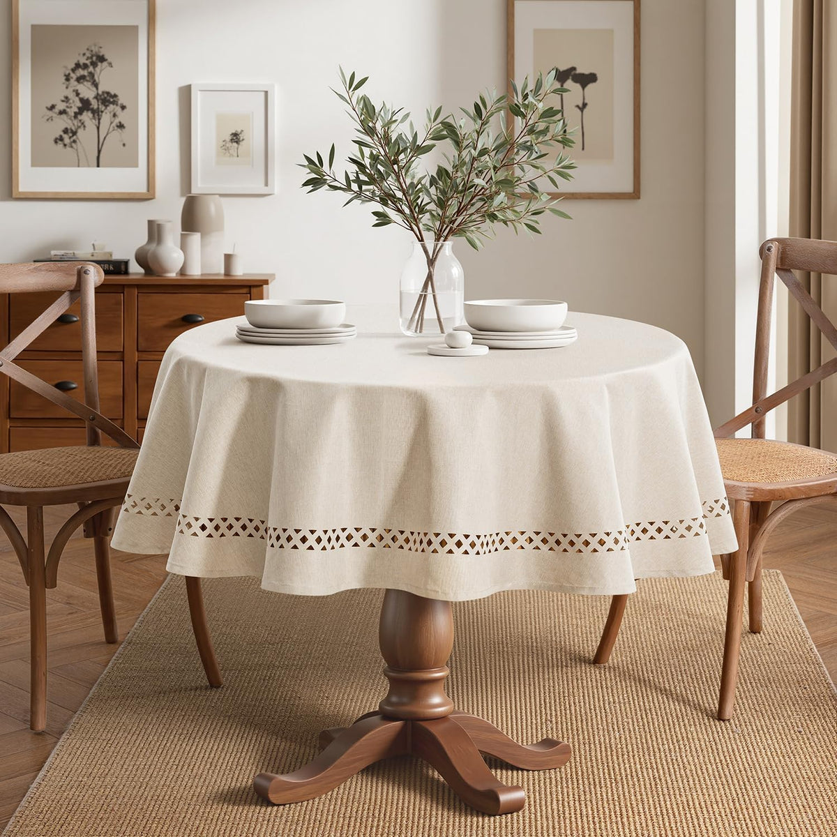 MIULEE Beige 60 Inch Round Linen Tablecloth with Decorative Cutouts