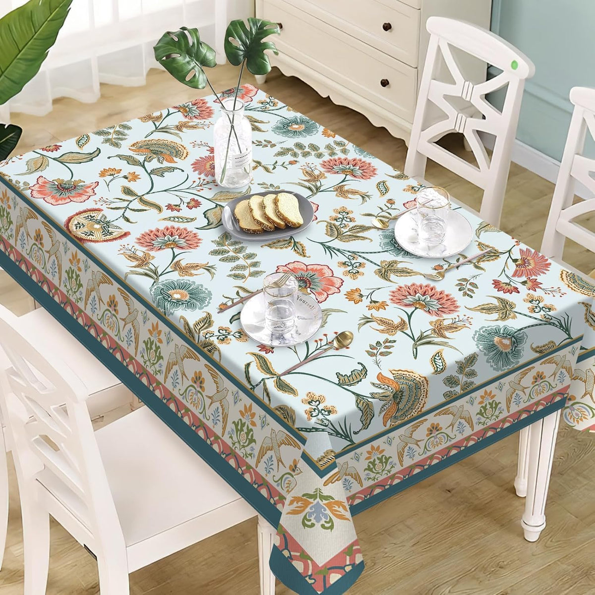 Boho Flower Bird Square Tablecloth 70 x 70 Inches