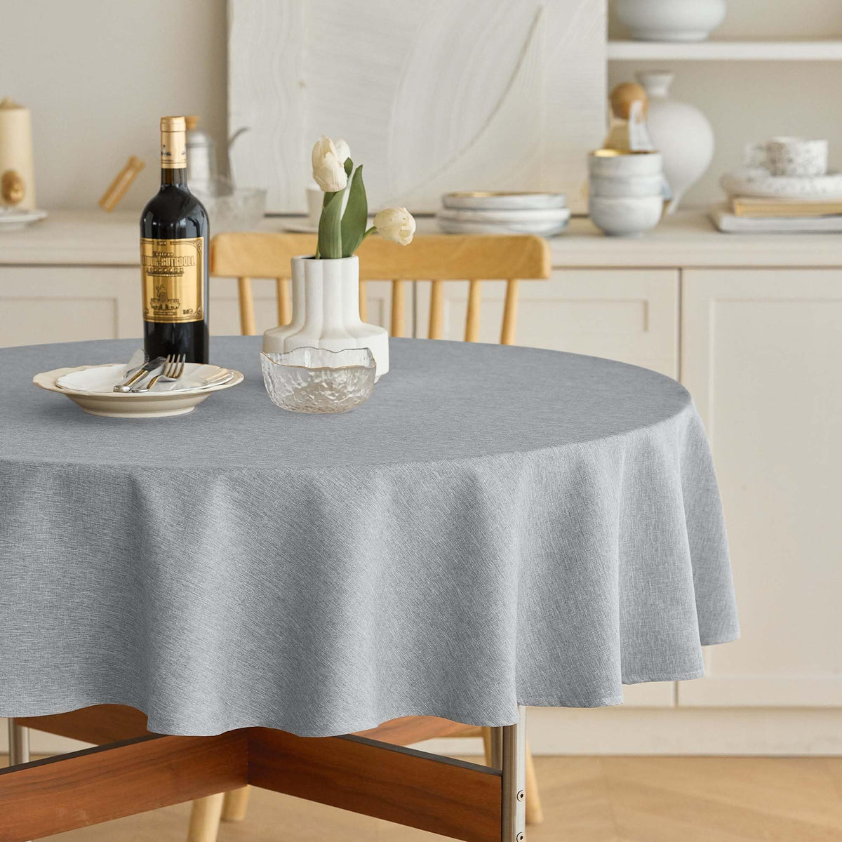 Decorelia Waterproof Round Tablecloth for Round Dining Table, Decorative Rustic Soft Wipeable Table Cloths Cover Indoor Outdoor Use for Holiday,Wedding, Kitchen (70 Inch,Round (4-6 Seats),Beige)