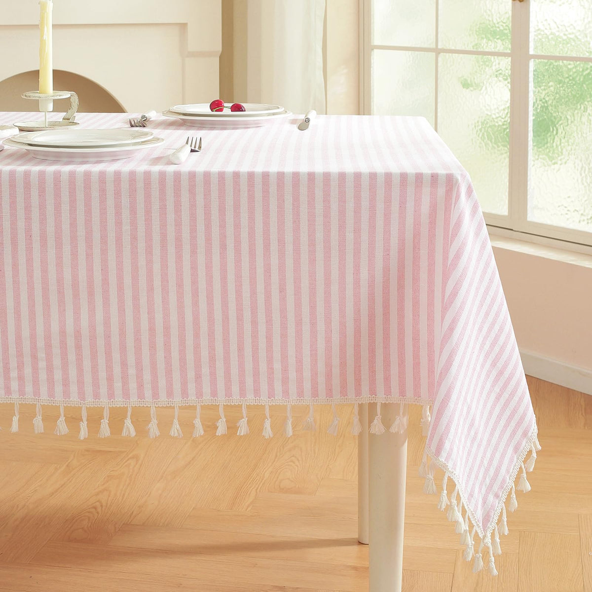meioro Table Cloth Blue White Striped Tablecloth Tassels Cotton Blend Dust-Proof Table Cover for Dining Coffee Buffet Kitchen Picnic Tables, Parties Indoor Outdoor Square Tablecloths (36x36 Inch)
