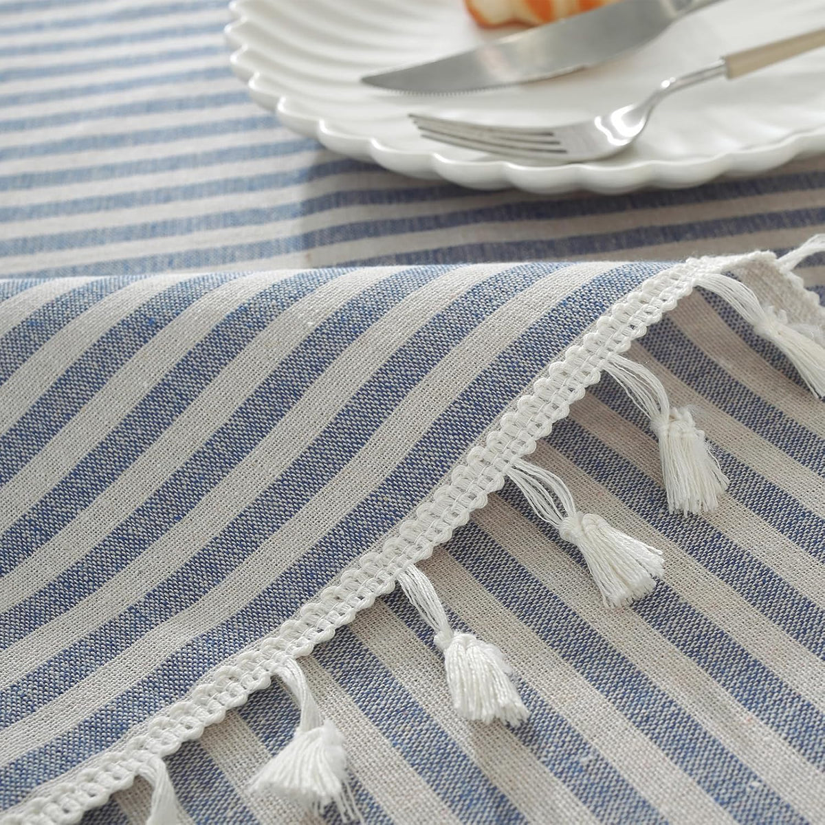 meioro Table Cloth Blue White Striped Tablecloth Tassels Cotton Blend Dust-Proof Table Cover for Dining Coffee Buffet Kitchen Picnic Tables, Parties Indoor Outdoor Square Tablecloths (36x36 Inch)