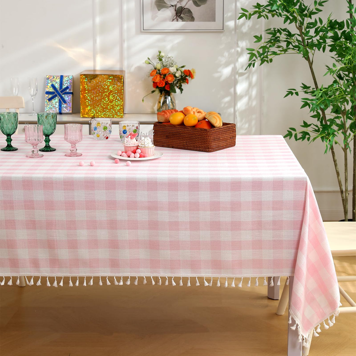 Midsummer Breeze Farmhouse Gray Khaki Gingham Tablecloth Rectangle 55”x70”