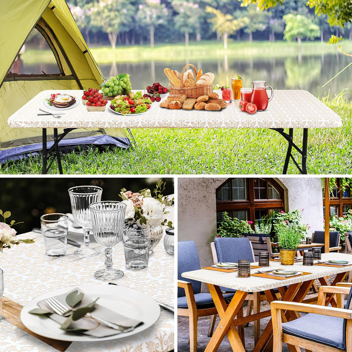 misaya Rectangle Vinyl Table Cloth, Elastic Fitted Flannel Backed Tablecloth, 100% Waterproof Plastic Table Cover Fits 4 Foot Folding Tables for Picnic, Camping, Outdoor (Khaki, 30" x 48")