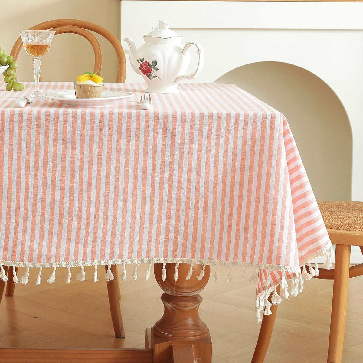 meioro Table Cloth Blue White Striped Tablecloth Tassels Cotton Blend Dust-Proof Table Cover for Dining Coffee Buffet Kitchen Picnic Tables, Parties Indoor Outdoor Square Tablecloths (36x36 Inch)