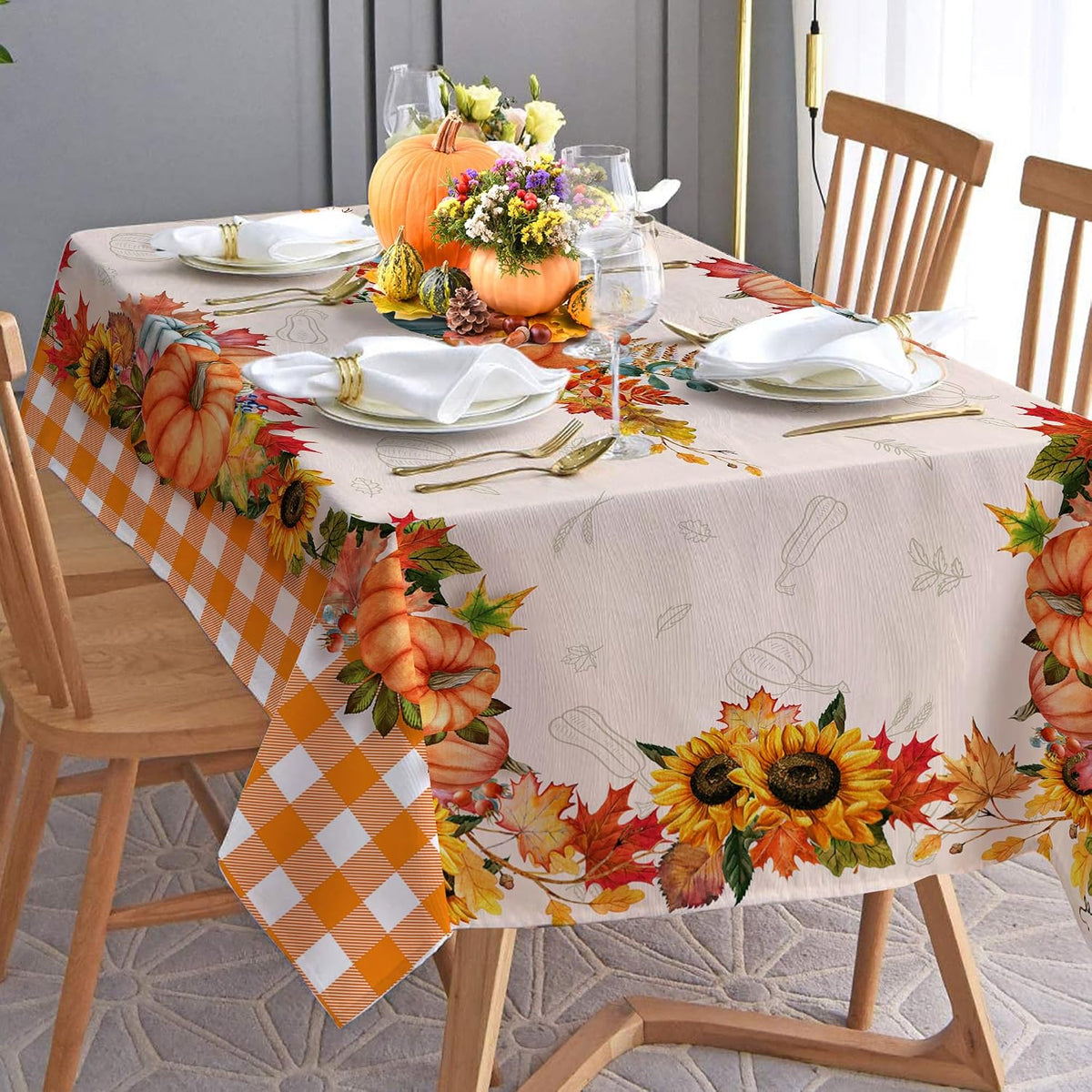 Hexagram Fall Tablecloth 52 x 70 Inches, Plaid Fall Table Cloth Rectangle