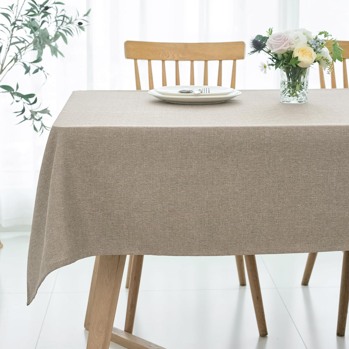 maxmill Rectangle Linen Textured Tablecloth Waterproof Spillproof Wrinkle Free Washable Fabric Table Cloth Kitchen Dining Tabletop Decoration Table Cover for Holiday Dinner Party, 52 x 70 Inch, Linen