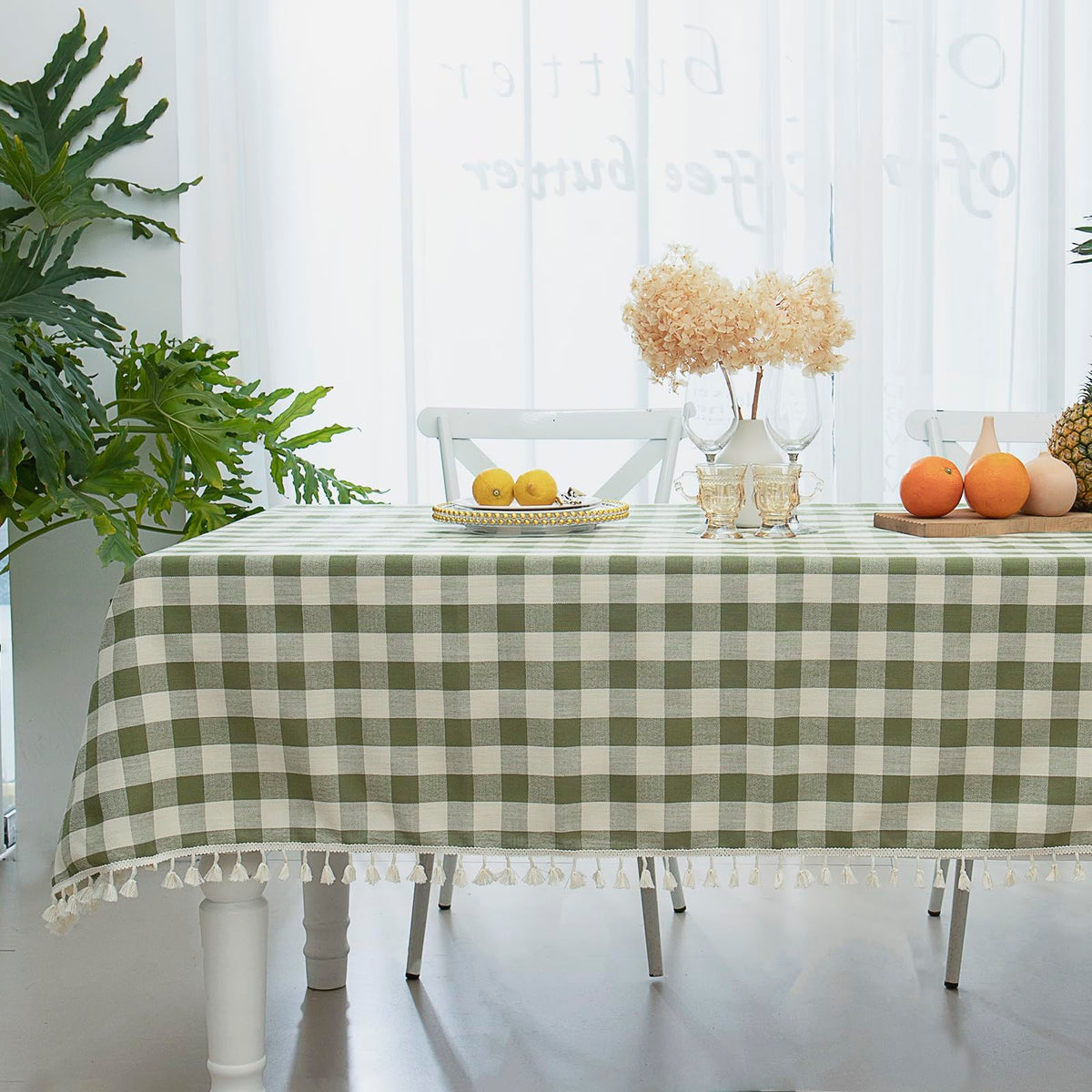 Midsummer Breeze Farmhouse Gray Khaki Gingham Tablecloth Rectangle 55”x70”