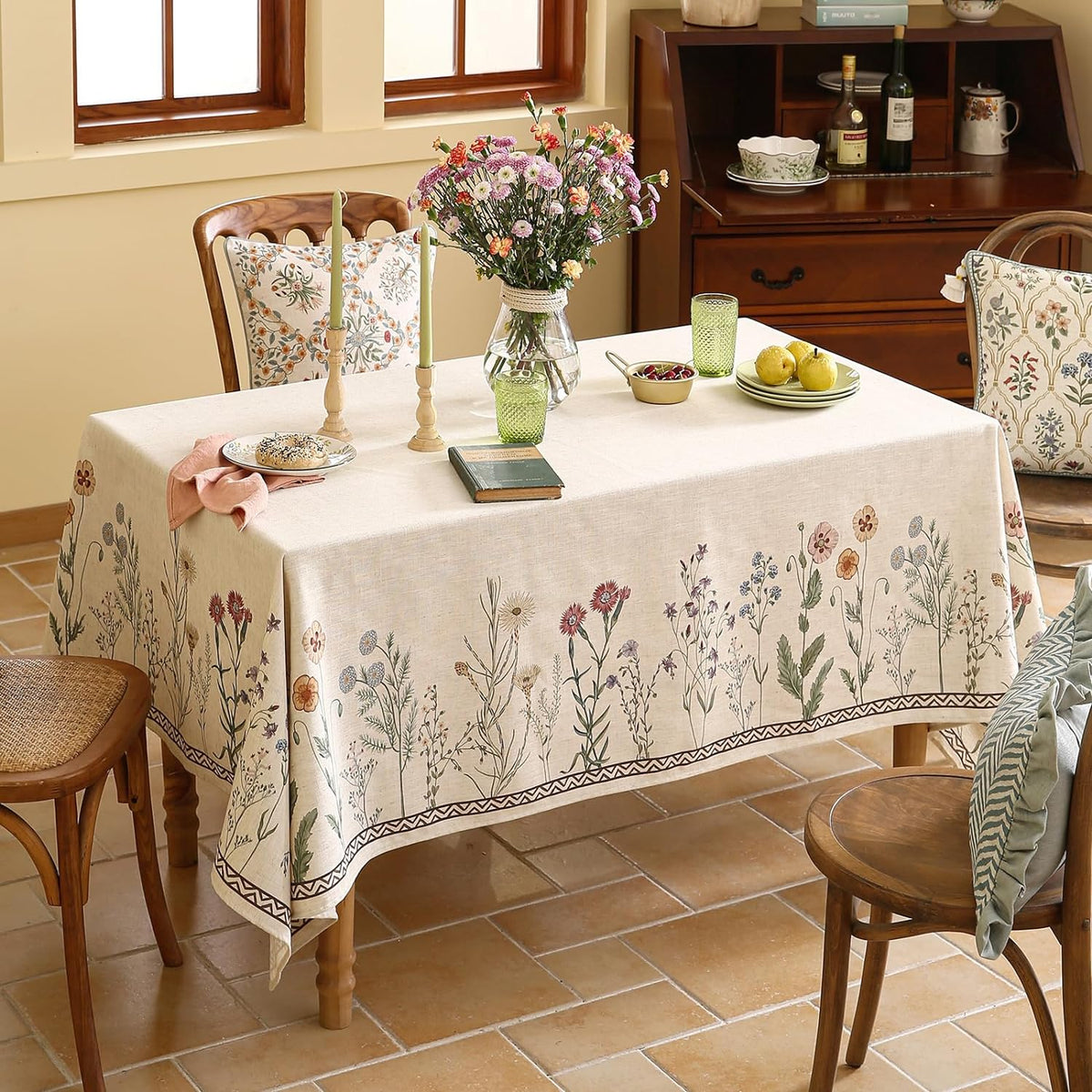 ISAENNE Designer Vintage Small Square Floral Tablecloth,55"x55"
