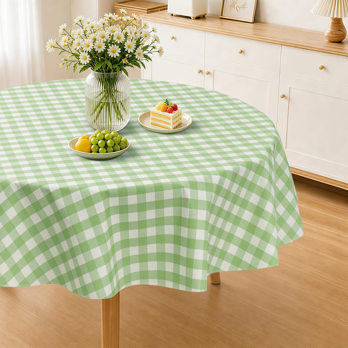 Seenus Khaki Gingham Cottage Vinyl Round Tablecloth with Flannel Backing, Waterproof Checkered Table Cloth Wipeable for Farmhouse Kitchen Patio Garden, 60 Inch Circular (Fits 30-48" Tables)