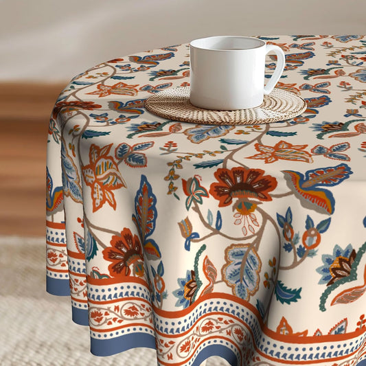Imiss Floral Round Tablecloth Durable Washable Table Cover Bohemian Blue Red Floral Branches Decorative Farmhouse Table Cloth 60 Inch for Kitchen Dining Party Camping